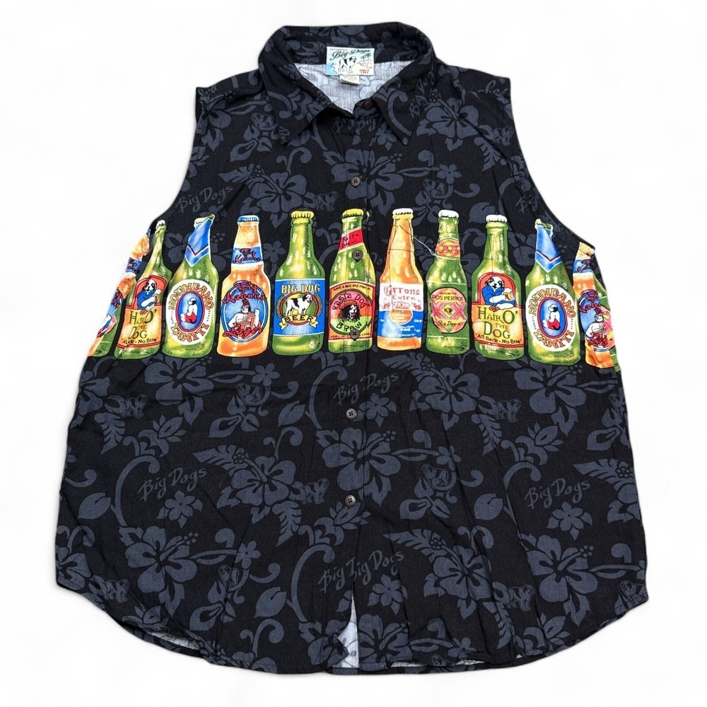 Vintage 90s Big Dogs Button Up Shirt Adult Size Xl Sleeveless Beer AOP